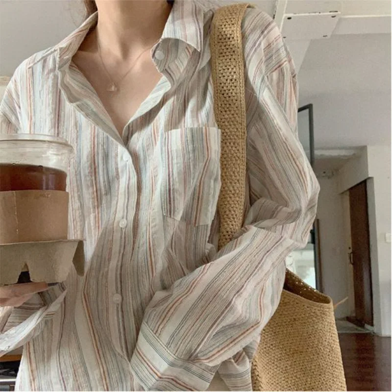

Women Vintage Striped Shirts Simple Long Sleeve Turn Down Collar Blouse Korean Fashion Office Lady Casual Loose Thin Tops