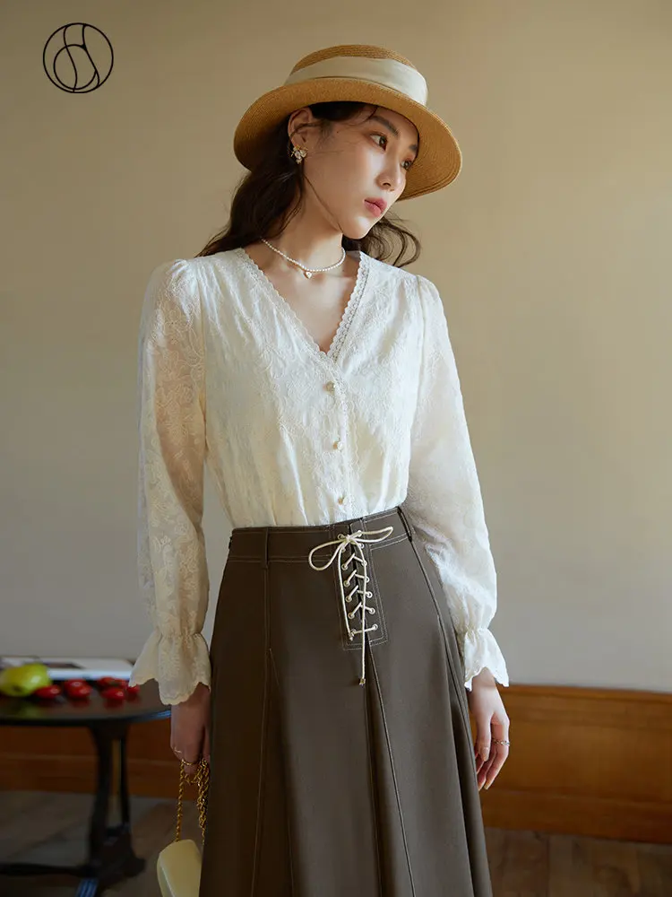 

DUSHU V-neck Lace Trim Embroidered Blouse Gentle Apricot Puff Sleeve Women Shirt 2023 Spring New Ruffle Sleeve Blouses Top