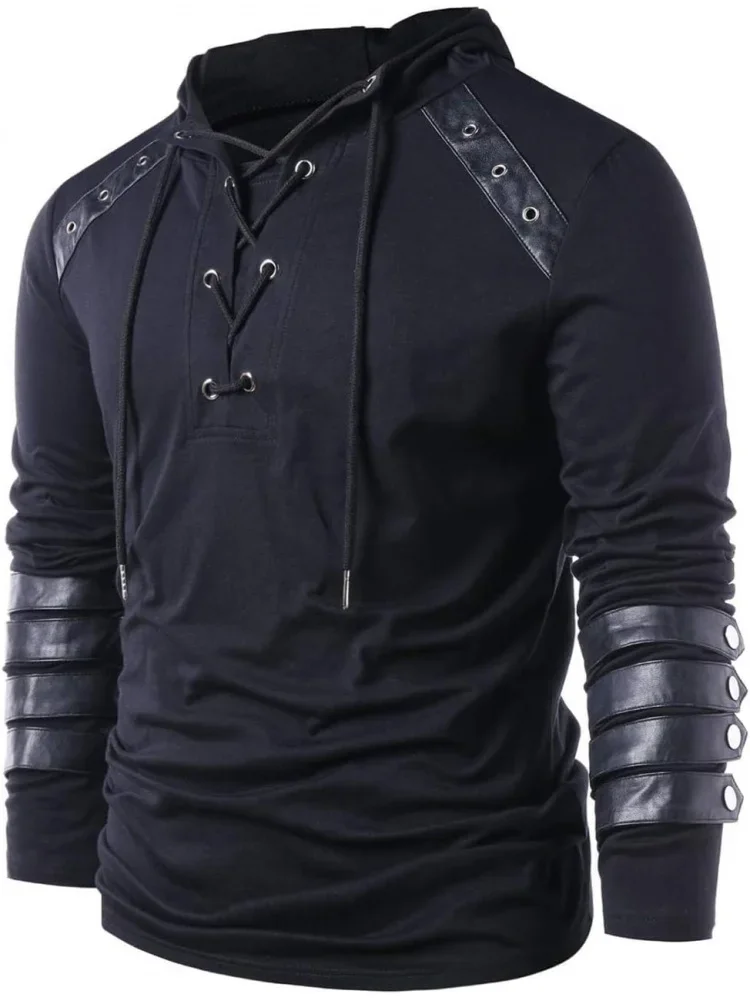 Men's Knight Drawstring Lace Up Pullover Hoodie Steampunk Long Sleeve Hooded Sweatshirt Black, Gothic Victorian Style