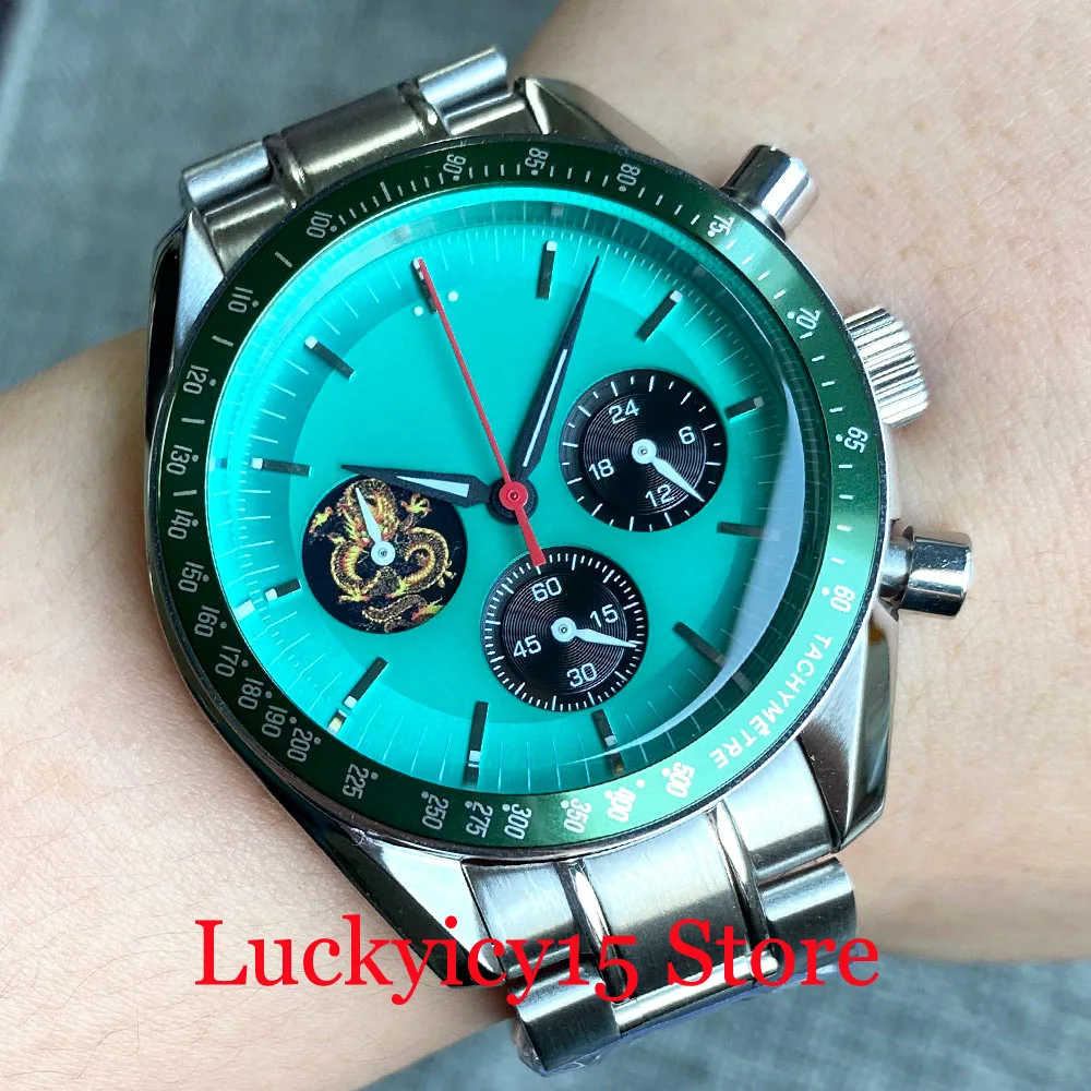 green-silver-bezel-40mm-black-white-blue-sterile-dial-chronograph-vk63-quartz-multi-function-men's-watch-rubber-steel-strap