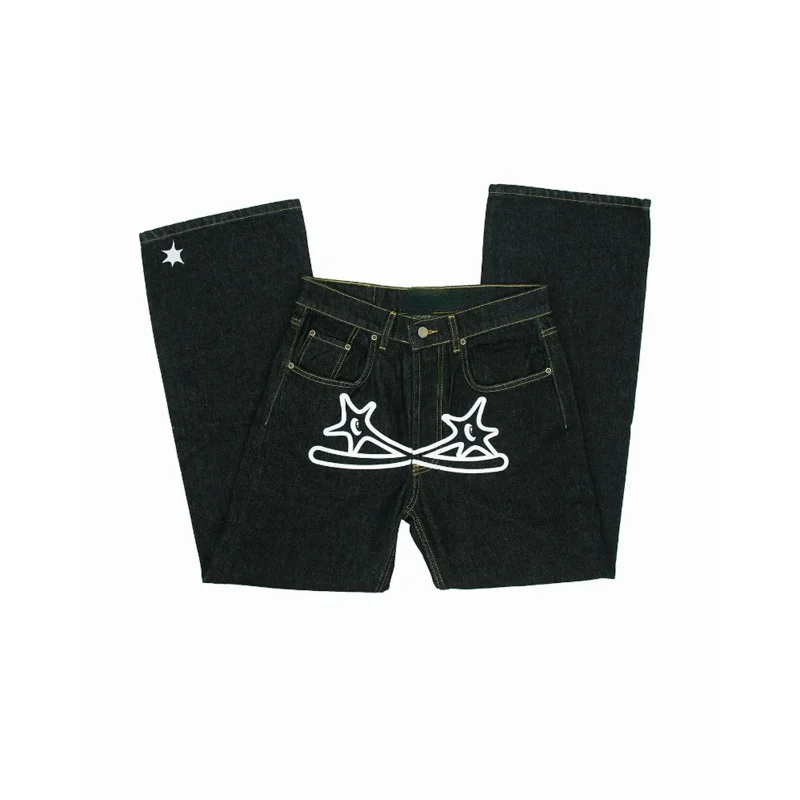 

Ins trendy letter star print y2k jeans American hip-hop high waist loose layered straight zipper fashion pants trend hot sale