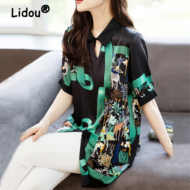 

Women Summer Fashion Vintage Print Irregular Blouse Elegant V Neck Short Sleeve Shirts Casual Loose Tunic Tops Blusas Para Mujer