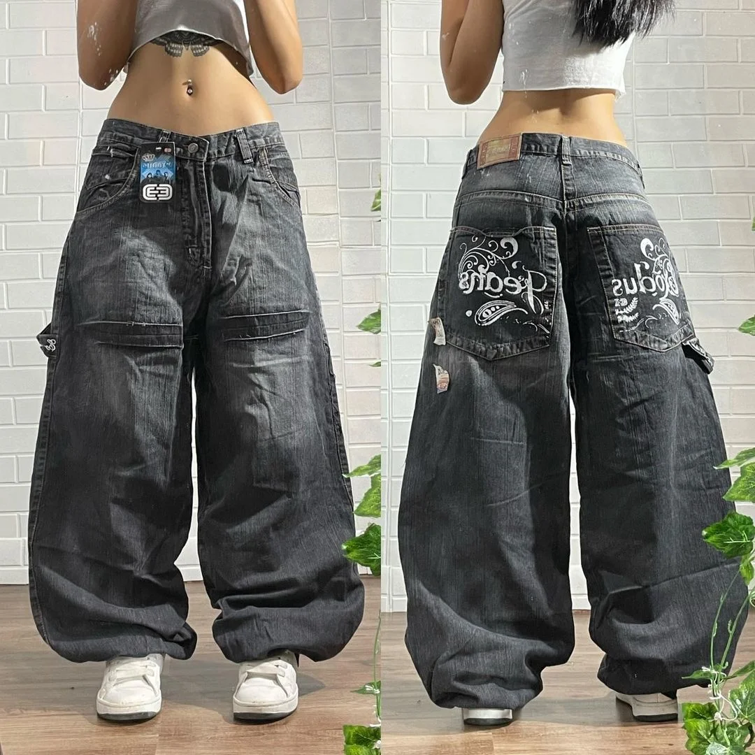 

Fashion graffiti letter printing high waist straight loose jeans Y2K women's high street wide leg casual mopping denim trousers