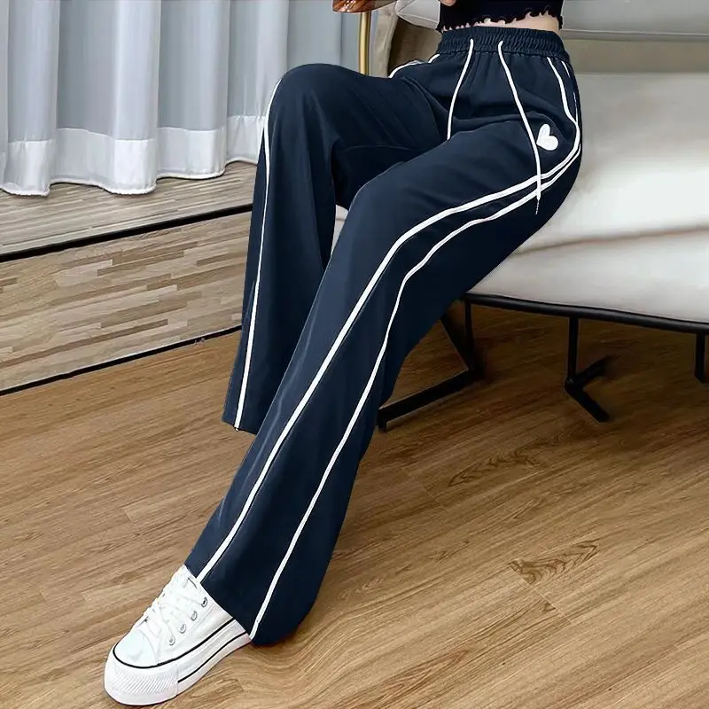 Fashion Wide Leg Sports Pants Women's Elastic Waist Patchwork Stripe Drawstring Pocket Embroidery Loose Straight Casual Trousers