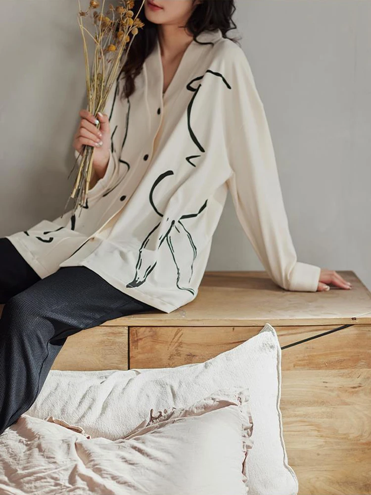 Long-sleeved Pajamas Women's Cotton Can Be Worn Outside the Spring 2024 New Soft Cotton Casual Loungewear V-neck Set