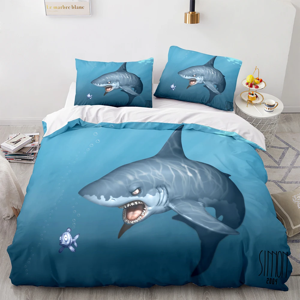 Shark Duvet Cover Set 3D Shark Jumping From Ocean Big Open Mouth Print Bedding Set Double Queen King Size Polyester Quilt Cover