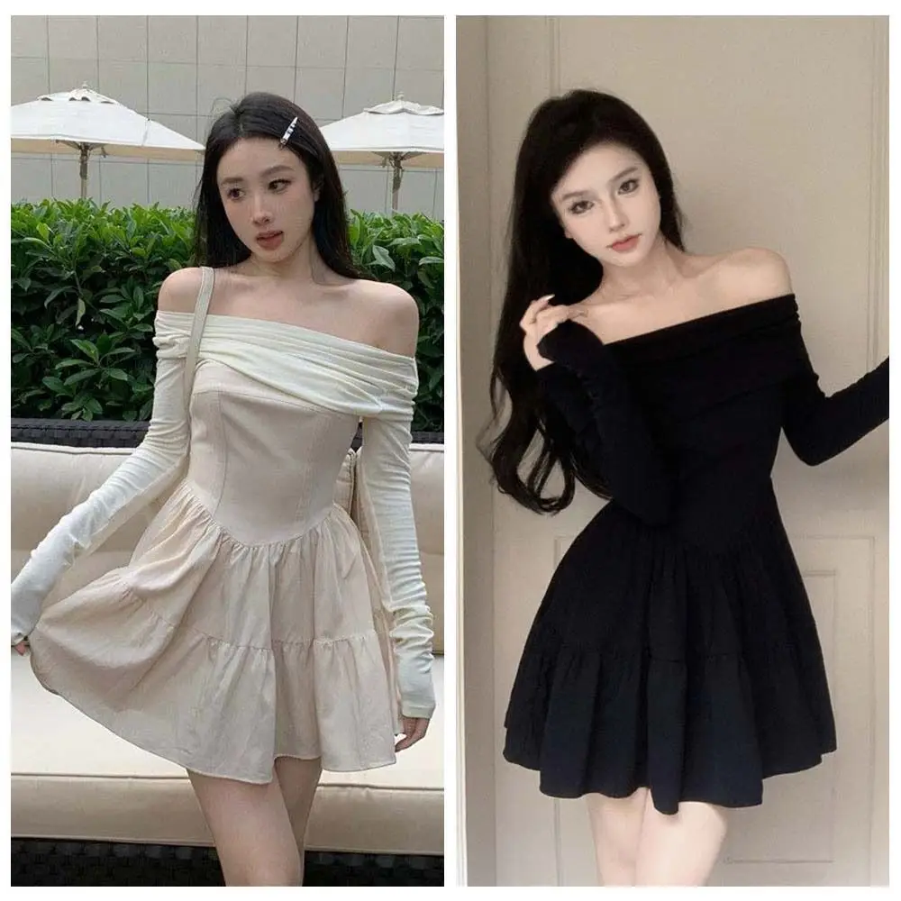 Spicy Girl Long Sleeved Slim Short Skirt Korean Fashion Slim Fit One Collar Dress Lightweight Y2K A-line Short Skirt Travel