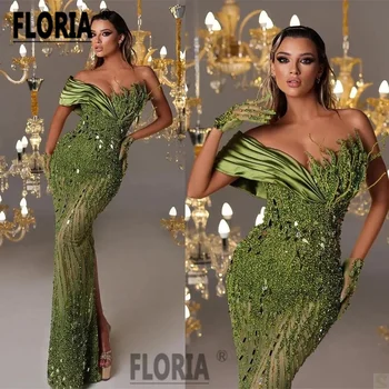 Gorgeous Dubai Pearls Mermaid Evening Dresses Beads Crystals 3D Appliques Arabic Party Gowns Formal Prom Dress Robe De Soiree