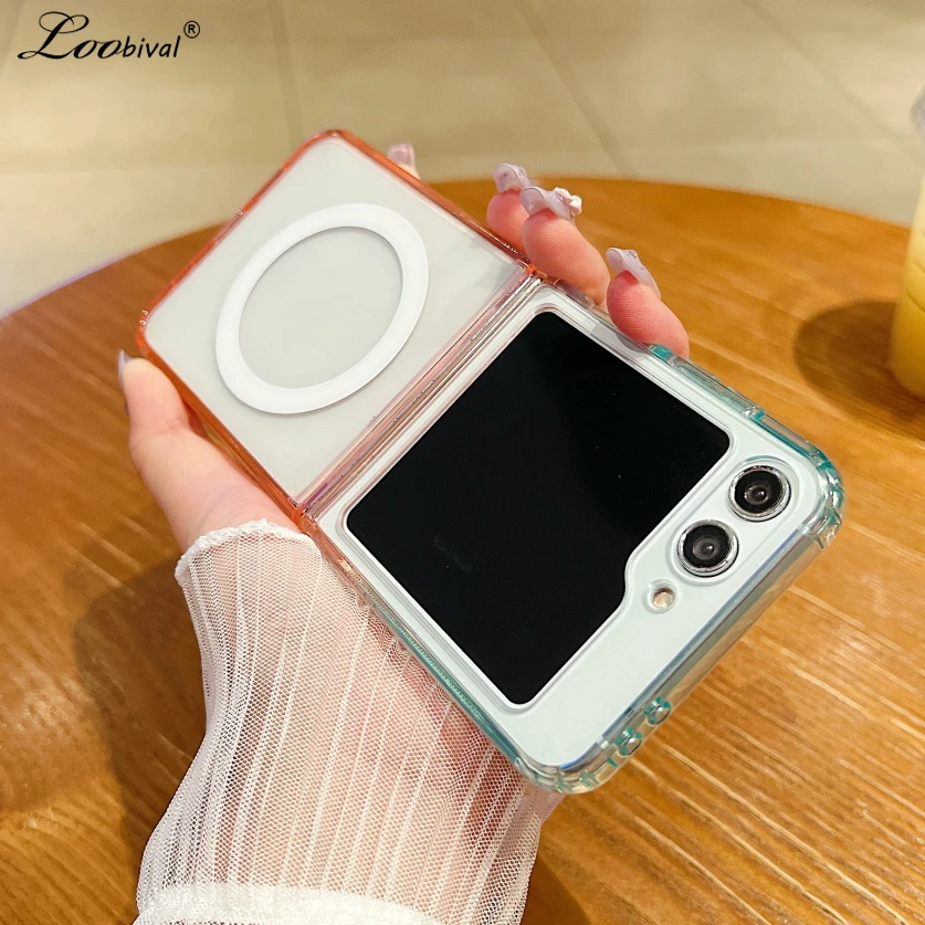 Double Gradient Clear Case For Samsung Galaxy Z Flip 7 6 5 4 3 Flip7 Magnetic Color Contrast Transparent Cover_voghion.com