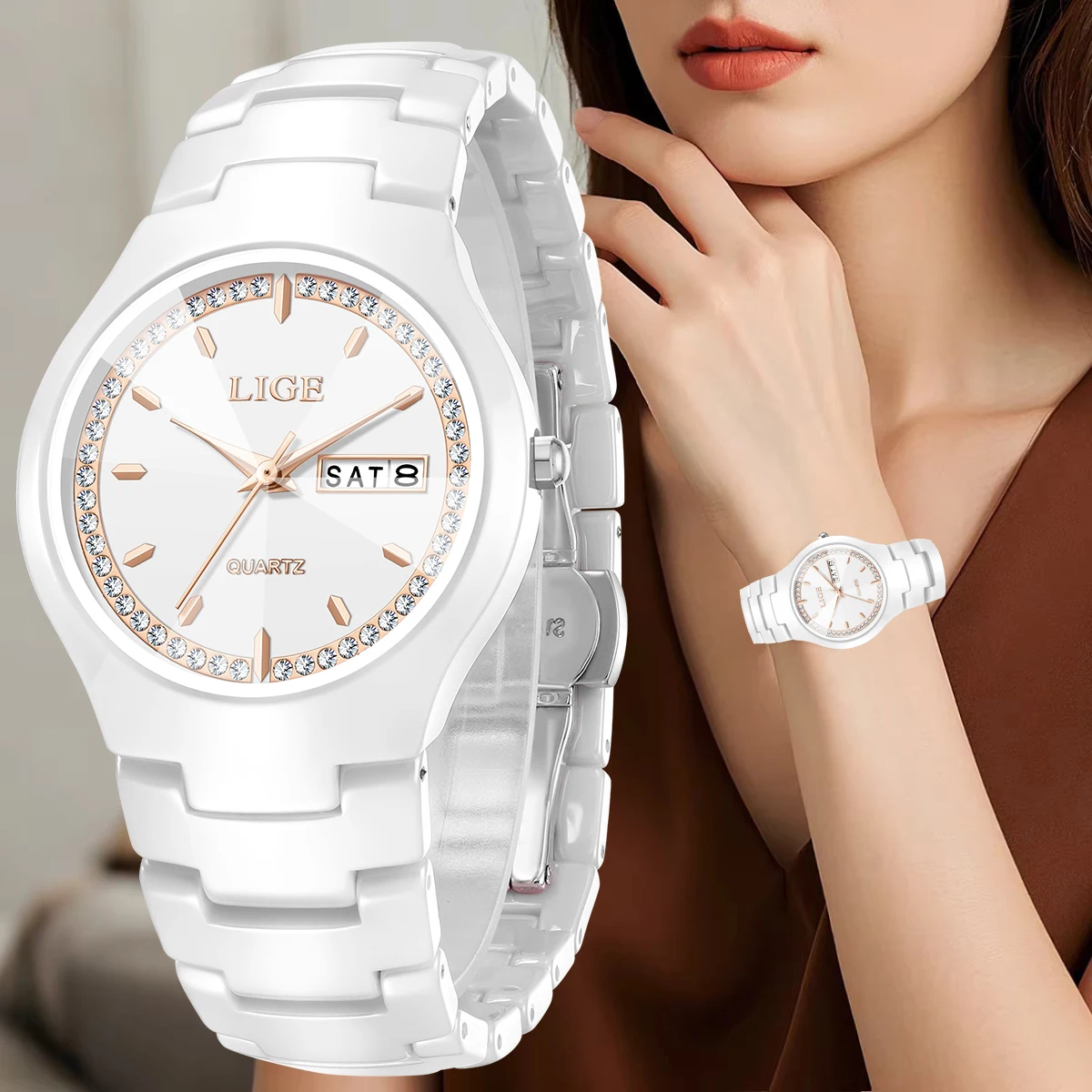 LIGE Brand Woman Watch Ceramics Strap Simple Waterproof Calendar Week Quartz Wa…