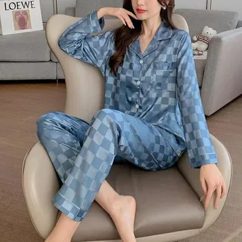 Plus Size Women Pajamas Set Long Sleeves Girl Home Wear Two-Piece Cardigan Solid Plaid Sleepwear Sexy Nightwear Autumn Winter 1
