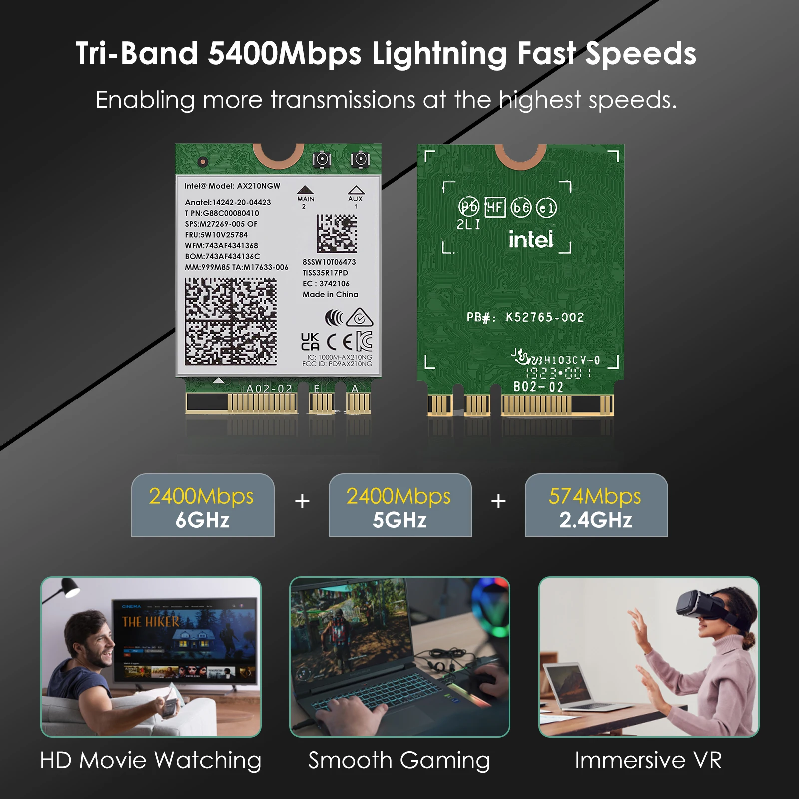 WAVLINK 와이파이 6E 무선 카드, 인텔 AX210 트라이 밴드, 5400Mbps, 2.4GHz, 5GHz, 6GHz 네트워크 어댑터, 노트북용 블루투스 5.3 와이파이 모듈