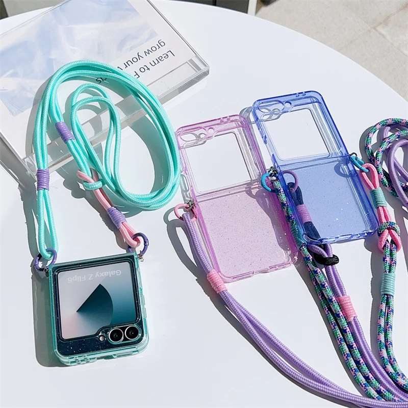 Crossbody Lanyard Glitter Candy Color Phone Case - Foldable Shockproof Cover