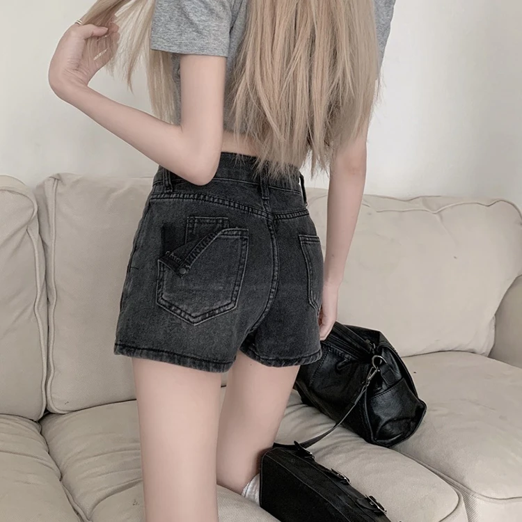 Y2k American Vintage Denim Women's Shorts Summer Sexy Slim Tight Hip Woman Shorts High Waist Black Grey Simple Shorts Female
