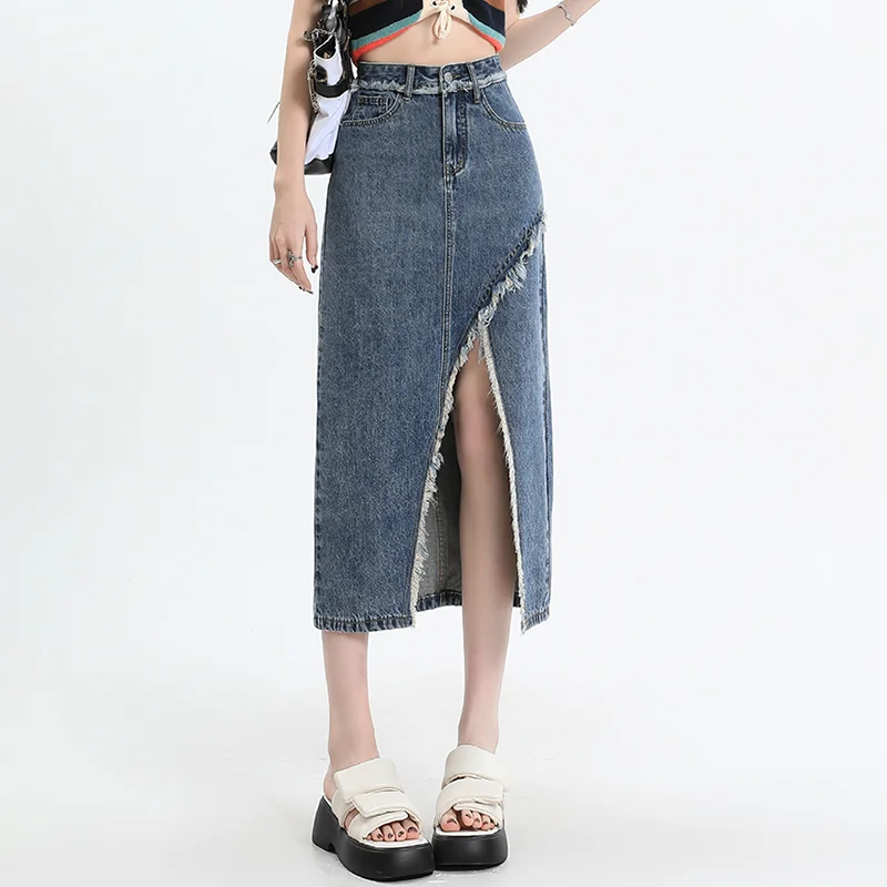 

Denim Slit Midi Skirt Women Summer Tassel Sexy High Waist Slim A Line Skirt Female Vintage Y2K Streetwear Casual Blue