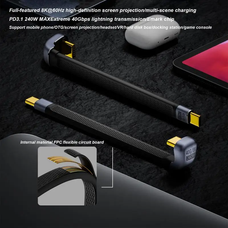 

240W charging data USBC Fast Charging Cable USB4.0 40Gbps high-speed USBC Male to Male Slim Data Cable Angled for Laptop Phone
