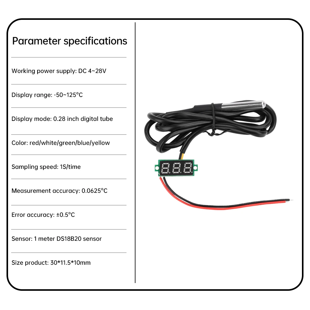 High-Precision Waterproof Metal Temperature Sensor with LED Display and 1M Cable, DC 4~28V, -50℃~125℃ Range