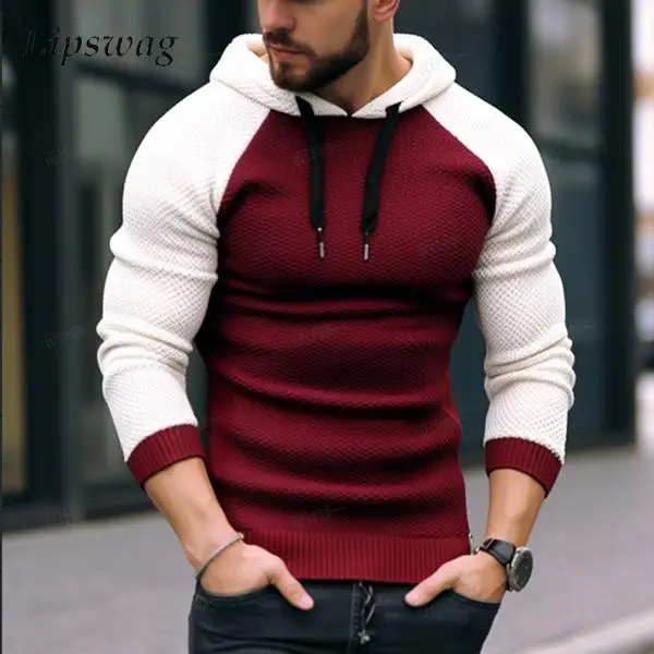 

2023 Fall Winter Warm Knit Hoodie Mens Fashion Patchwork Sweater With Hood Casual Contrast Color Knitted Men Hooded Sweatshirts