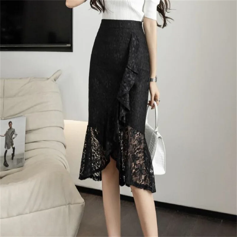 

Sexy Black Lace Midi Skirt for Women High Waist Stretch Office OL Spring Elegant Party Skirts Y2k Korean Style Streetwear Faldas
