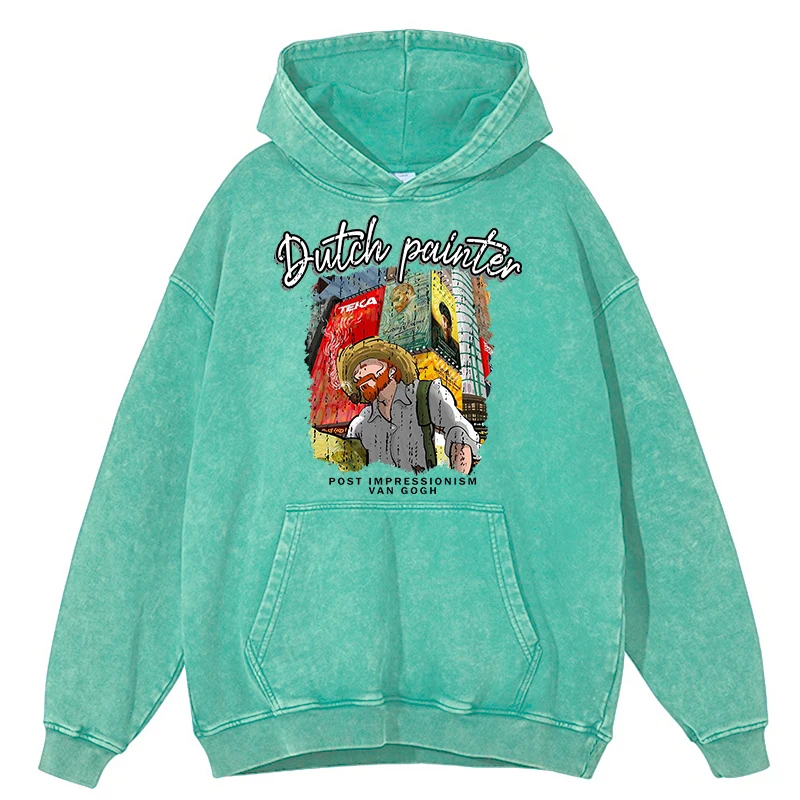 Sudadera con capucha retro desgastada con estampado de pintor Sutch Times Square Van Gogh para hombre, ropa de calle de moda, sudadera con capucha 100 % algodón