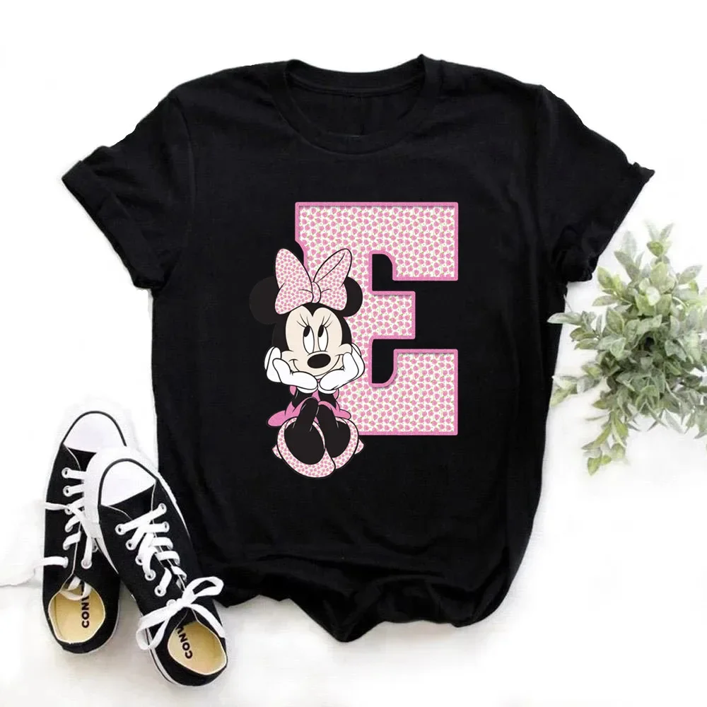thumbnail image 1 of Camiseta de algodón para niños de Disney Minnie Mouse, divertida camiseta con estampado de 26 letras mayúsculas de la A a la Z, camisetas góticas para niñas, camisetas kawaii de verano, 1 of 5
