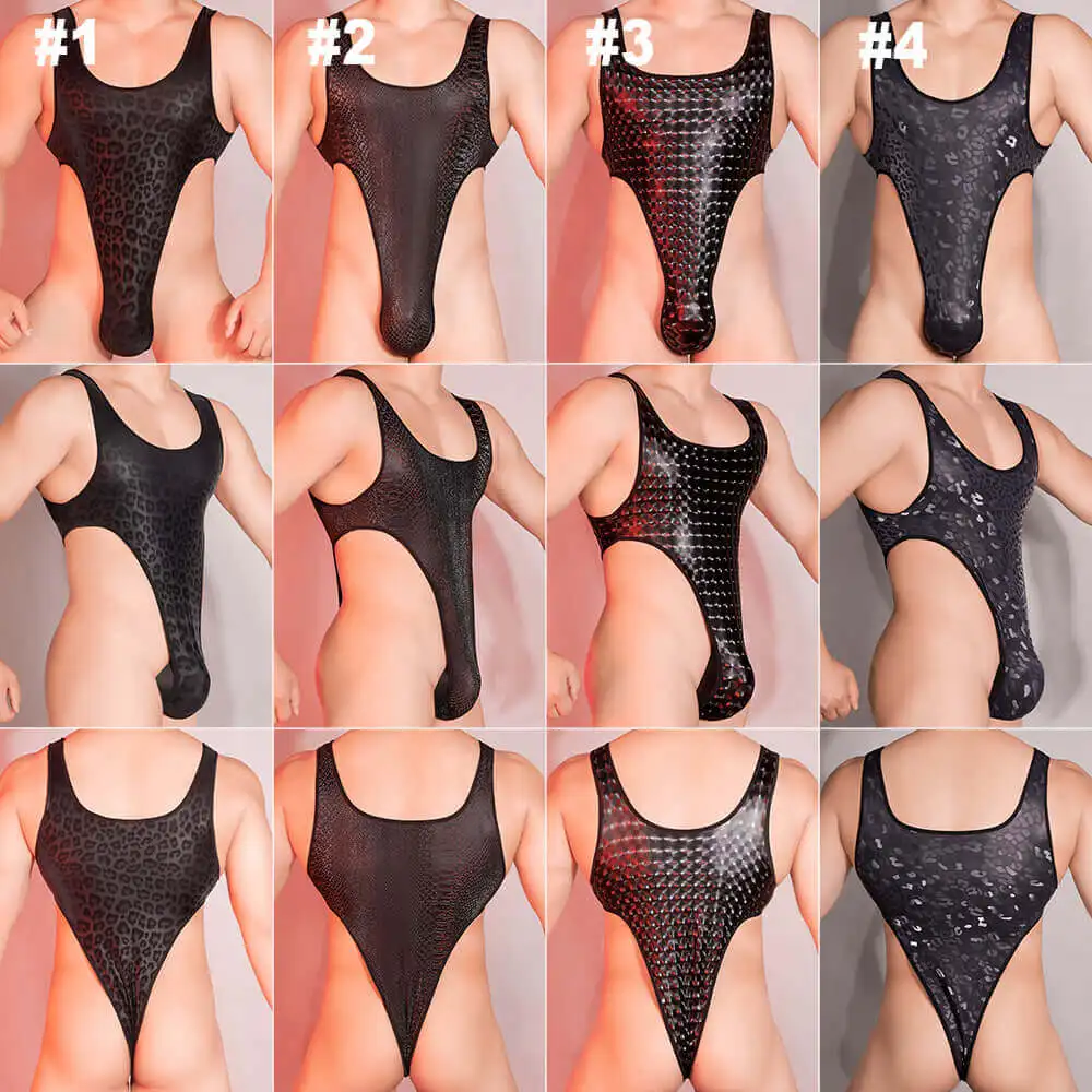 Men's Shiny Wetlook Mankini Briefs Bodysuit Sexy Tank Top Thong G-String Leotard Stretch Wrestling Singlet Catsuit Underwear