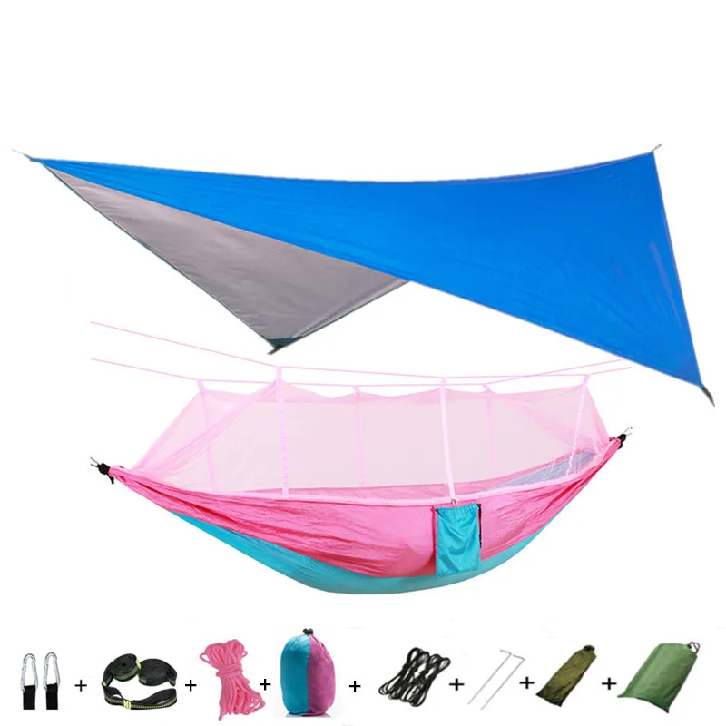 Portable Nylon Camping Hammock with Mosquito Net Rainfly Tent Tree Straps,for Camping Hiking Backyard Travel Outdoor Backpacking 