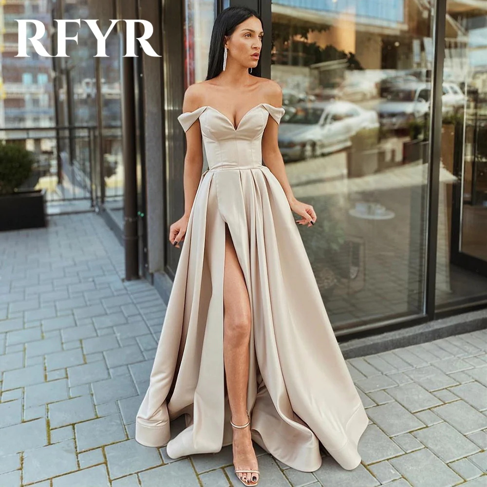 

RFYR Off the Shoulder Khaki Prom Dress Stain A Line Celebrity Dress Women's Evening Dress with Slit Plus Size Formal Gown 프롬 드레스