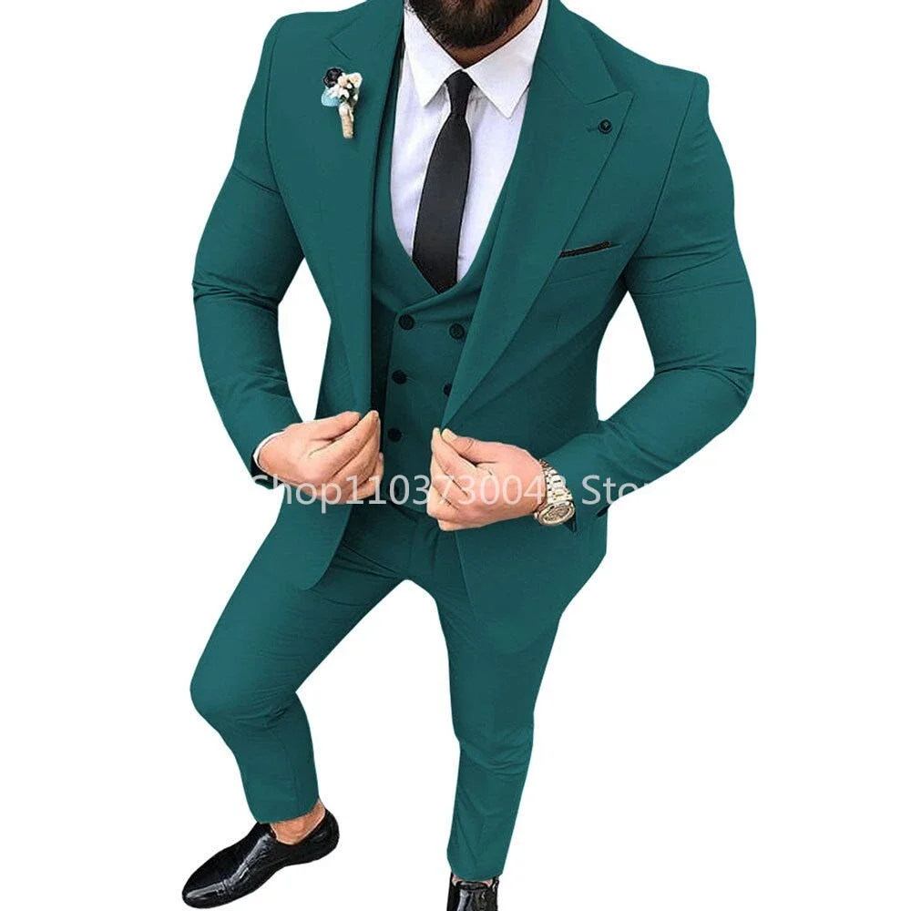 Solid Men's 3 Pieces Suit One Button Peak Lapel Jacket Vest Trousers Dinner Wedding Tuxedos Slim Fit Formal Business Suits