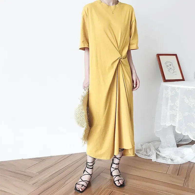 

Retro Round Neck A-line Dress Maxi T Shirt Summer Dress Beach Sexy Party Loose Elegant Casual Cotton Green Long T-shirt Dress