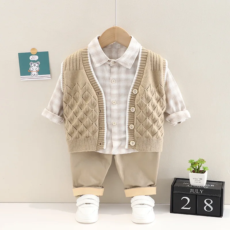 

2022 Spring Baby Boys Clothing Sets Toddler Kids Knitted Vest Plaid Shirt Pants 3 Piece Suit Children Outfits Infant Clothes