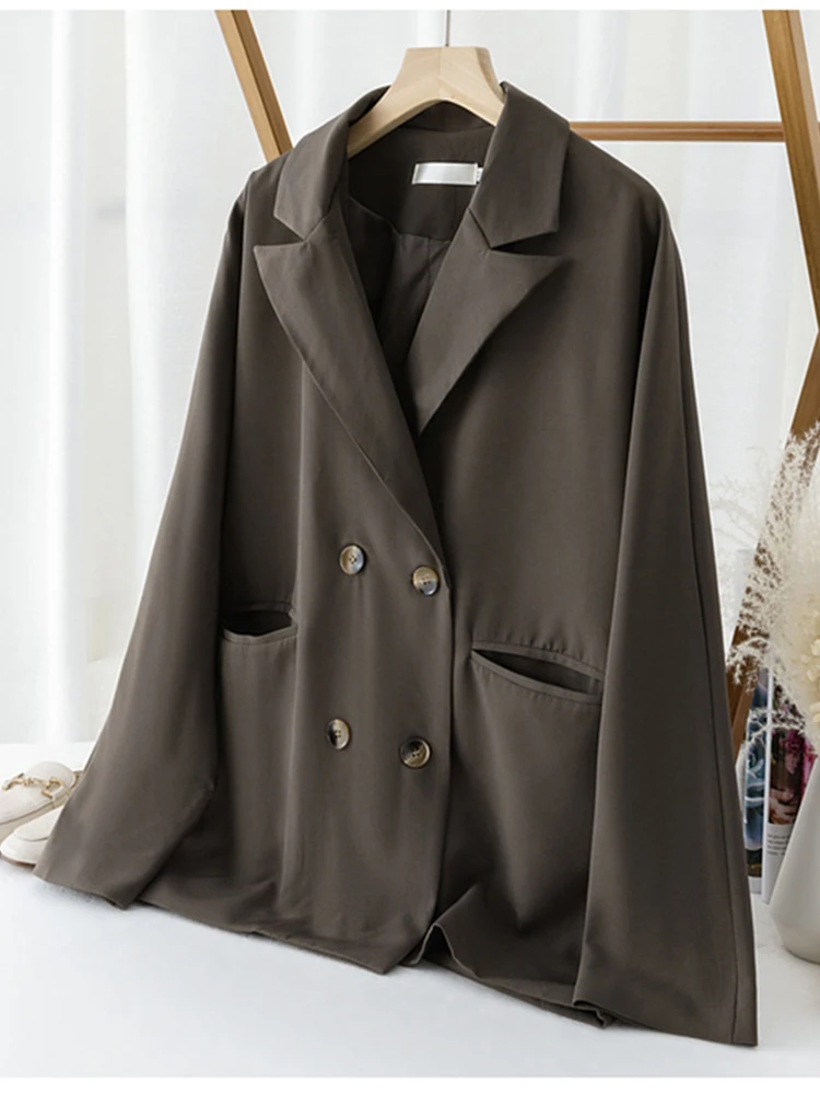 QOERLIN Senior Grey Suit Jacket Women New Chic Casual Temperament Suit Tops Nothced Collar Long Sleeve Jacket Coat Office Ladies