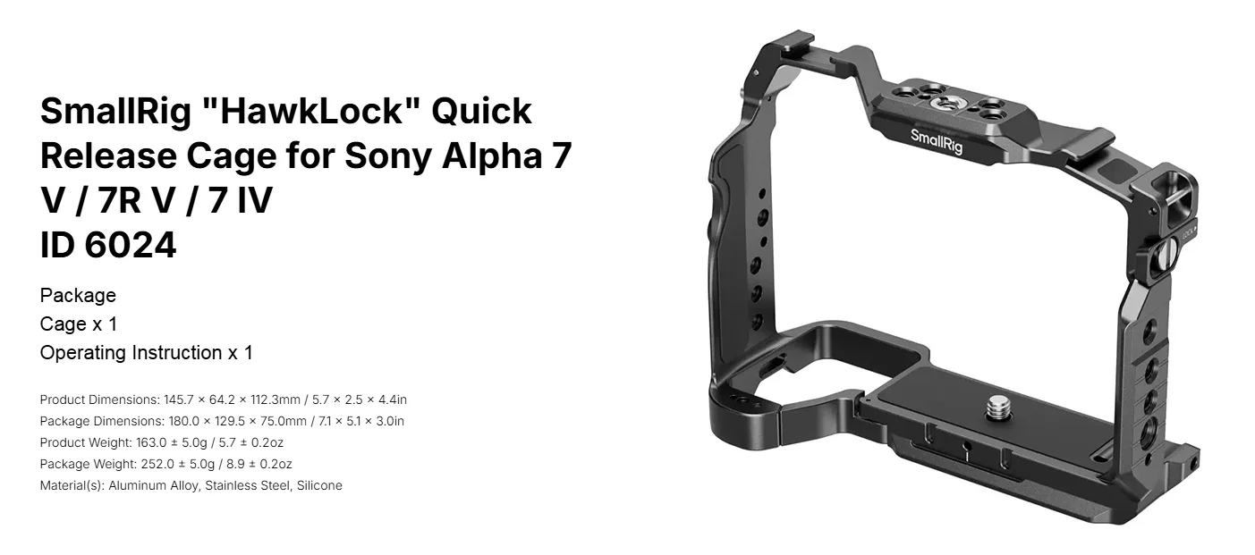 SmallRig Kamerakäfig für Sony A7 V/A7R V/A7 IV Vollkäfig mit Arca-Swiss Schnellwechselplatte 6024 – Detail 4