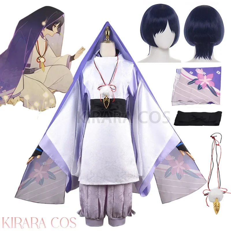 

Scaramouche Cosplay Costume Wig Deep Blue Genshin Impact Cosplay Wanderer White Kimono Suits Costumes Full Set