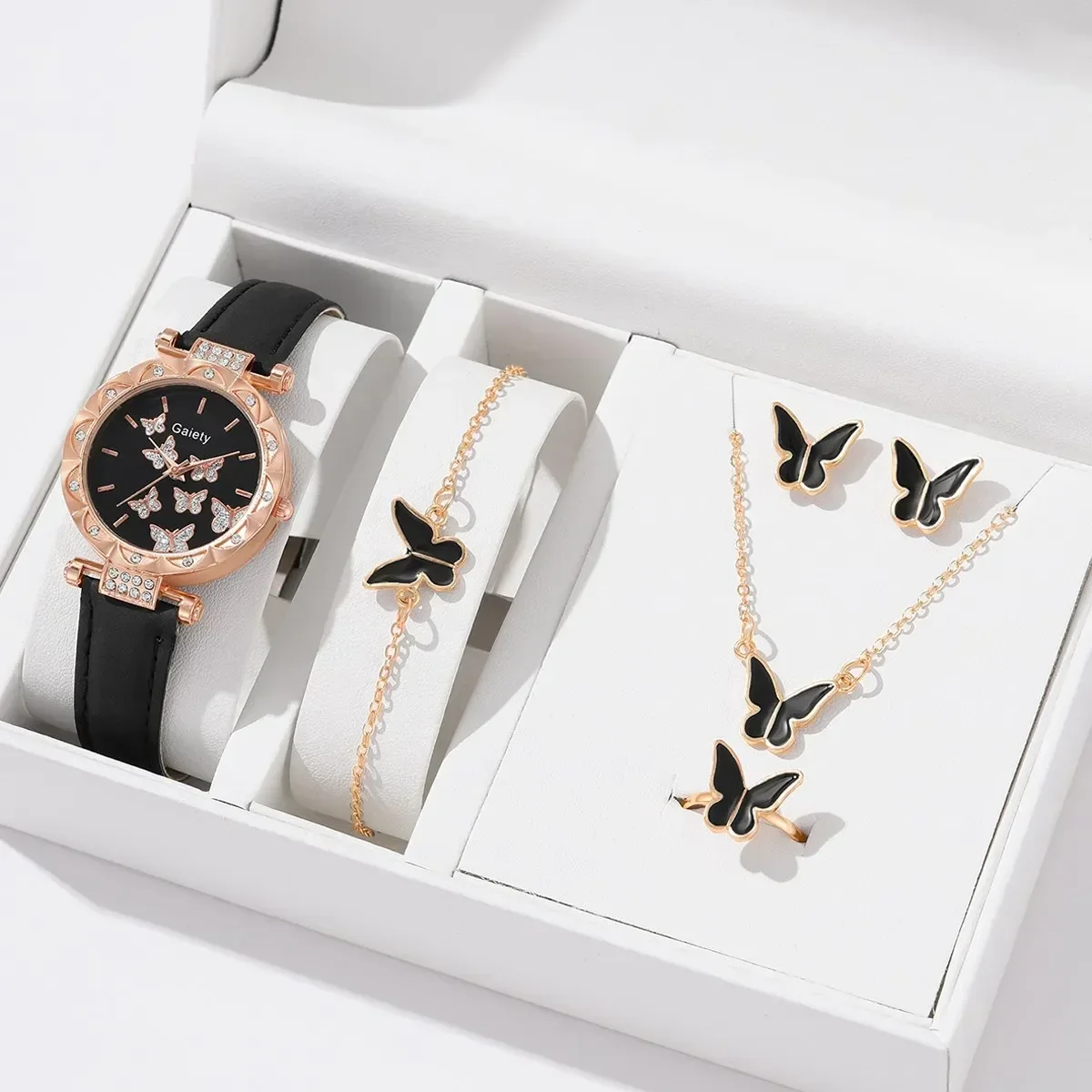 6/1PCS Set Rose Gold Luxury Watch Women Ring Necklace Earring Rhinestone Fashion Wristwatch Casual Ladies Bracelet Watches women watches