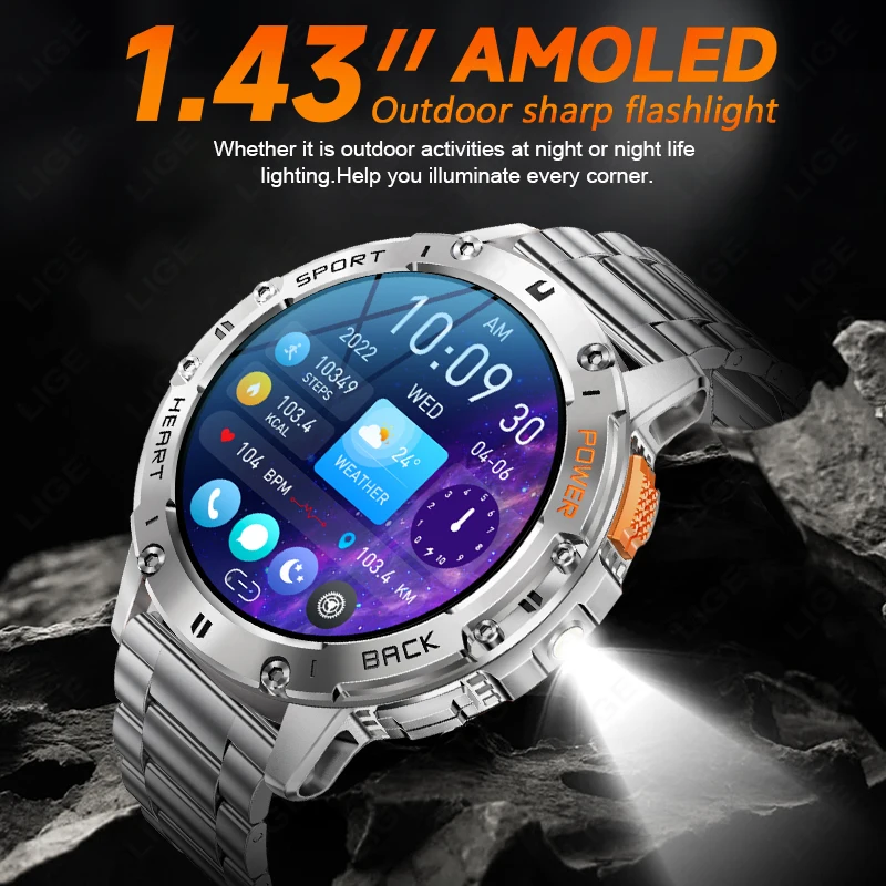 LIGE AMOLED Smart Watch for Men Bluetooth Call Smartwatch Man LED Flashlight Smart Watches Health Monitor Sport Fitness Bracelet