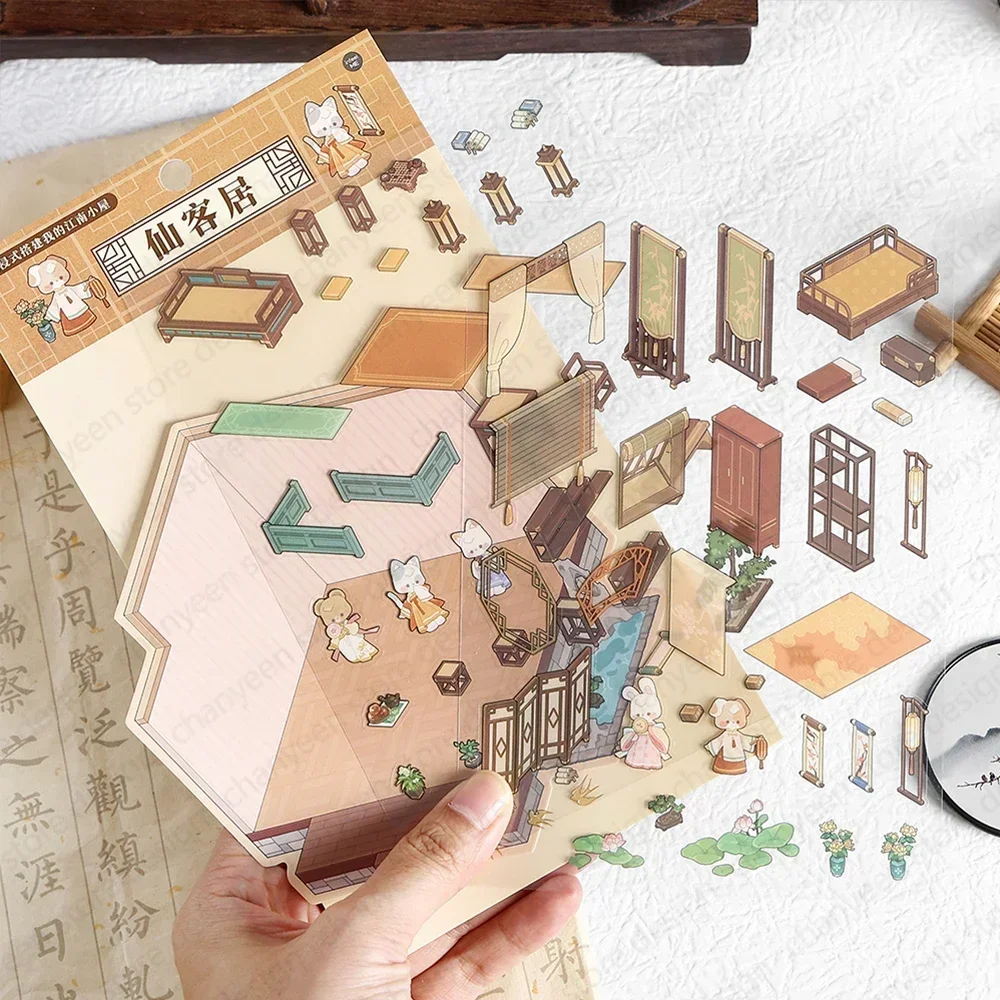 3D Cartoon Ancient Cottage DIY Miniature Scene Sticker Pocket Cabin Scene Stacking and Pasting Festival Gift for Kid Student