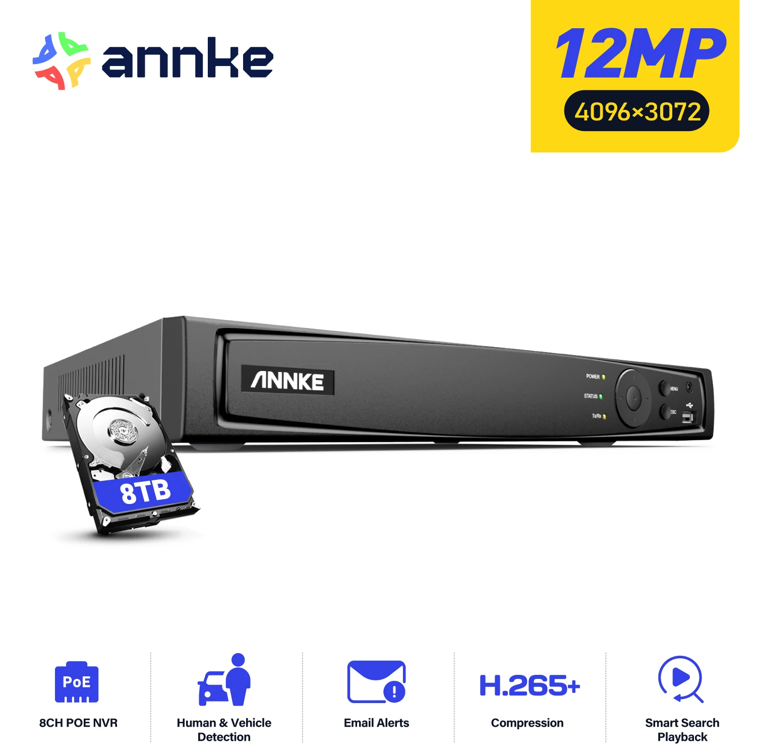 Network Video Recorder ANNKE 8CH 12MP POE NVR Network Video Recorder NVR For POE IP Camera P2P Cloud Function Plug And Play