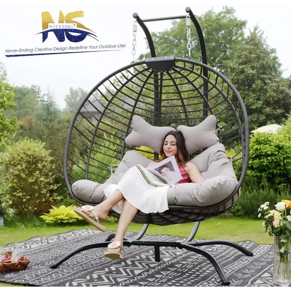2 Person Double Egg Chair Outdoor Patio Wicker Loveseat Hanging Chair Swing Egg Chairs with Beige Cushions Double Seats 2