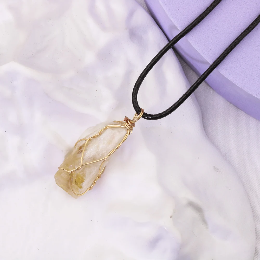 Natural Stone Wire Winding Necklace Irregular Citrine Crystal Quartz Pendant Necklaces for Women Jewelry Gift