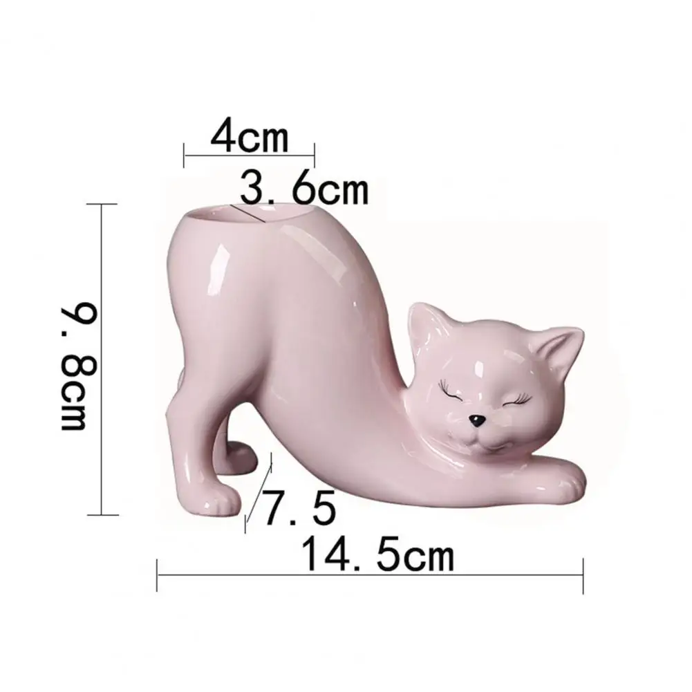 Ceramic Kitten Planter with Drainage Hole - Minimalist Animal Bonsai Container for Home and Desktop Decor