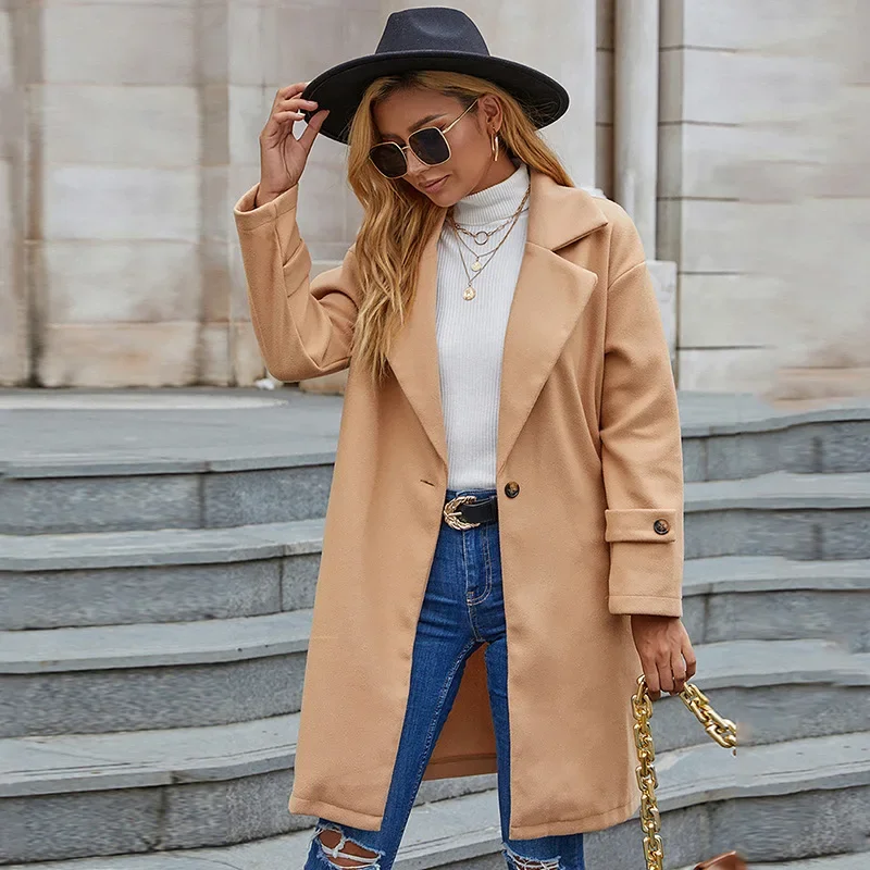 New 2022 Autumn and Winter New Suit Collar Solid Color One Button Long-sleeved Ladies Casual Jacket Windbreaker Mid-length