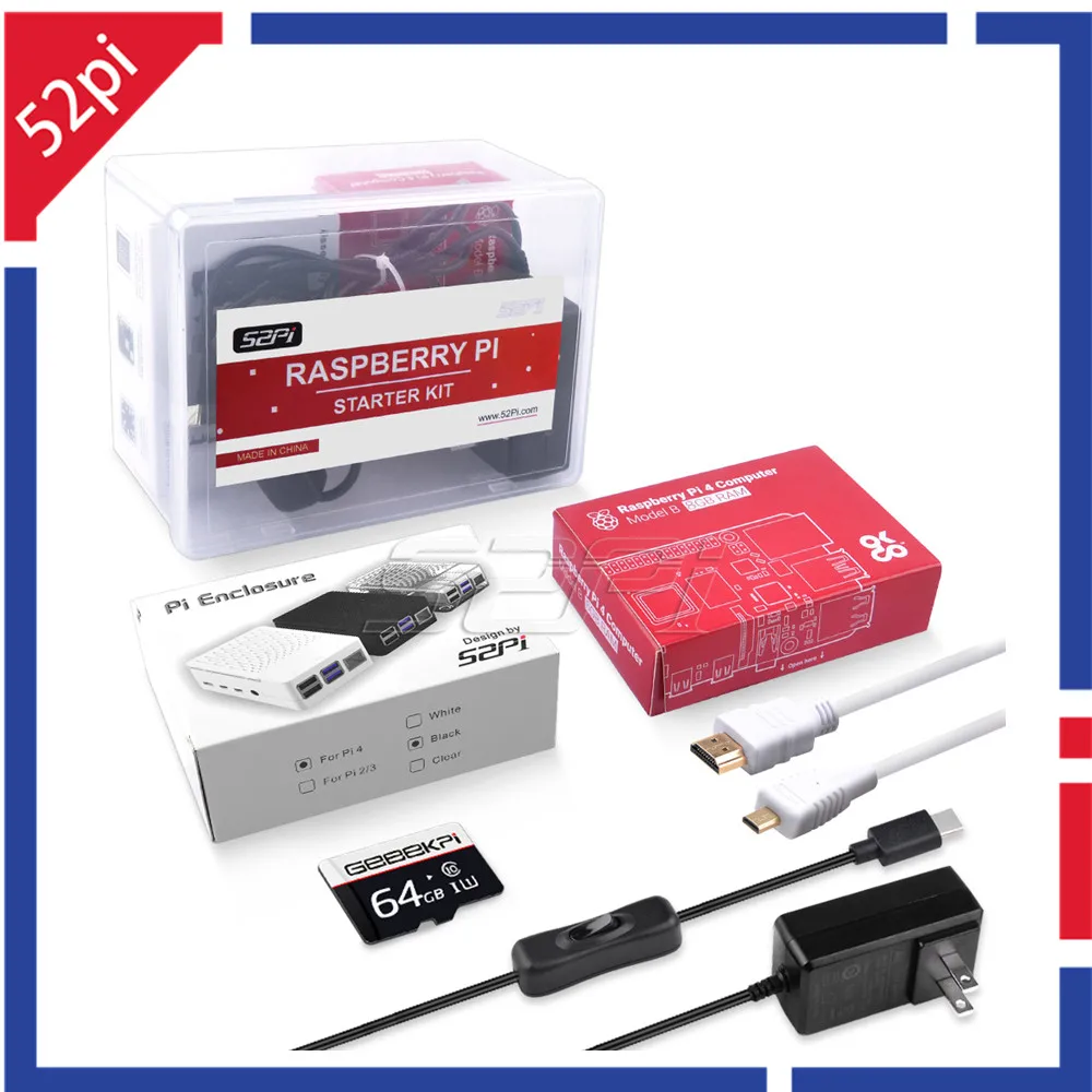 52Pi Raspberry Pi 4 Modello B 8Gb/4Gb/2Gb Ram Abs Arylic Case Shell Starter Kit Con Alimentazione Ventola Scheda Sd Cavo Hdmi