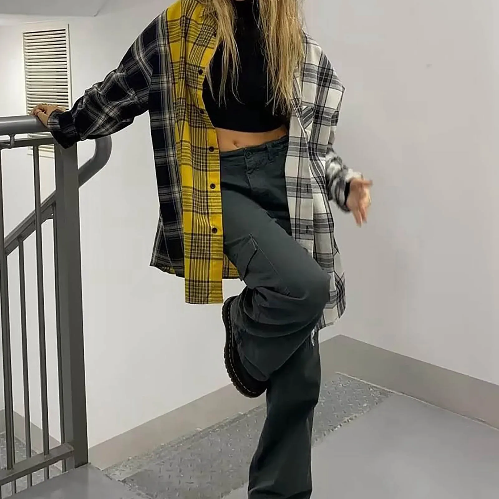 

Women'S Plaid Shirt Cardigan With Contrast Color Loose Fit Blouse Solid Shirts Work Wear Daily Casual
