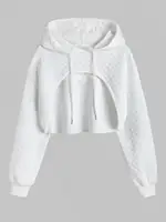 ZAFUL Women's Casual Athleisure Style Solid Color Jacquard Textured Drawstring Drop Shoulder Shrug Style Crop Hoodie 1