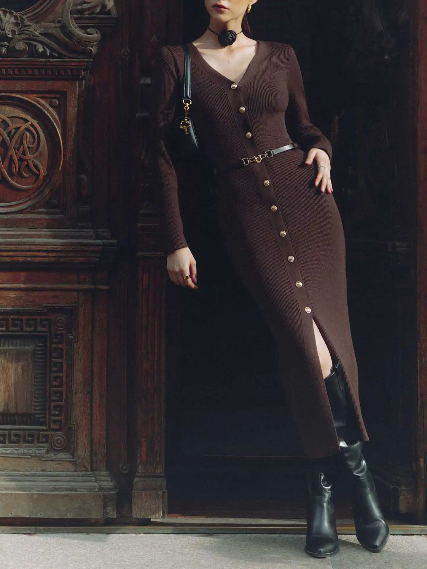 Autumn V-Neck Knit Long Dress For Women Ribbed Patchwork Cardigan Slim Elegant Party Dress Female Knitwear Maxi Dress