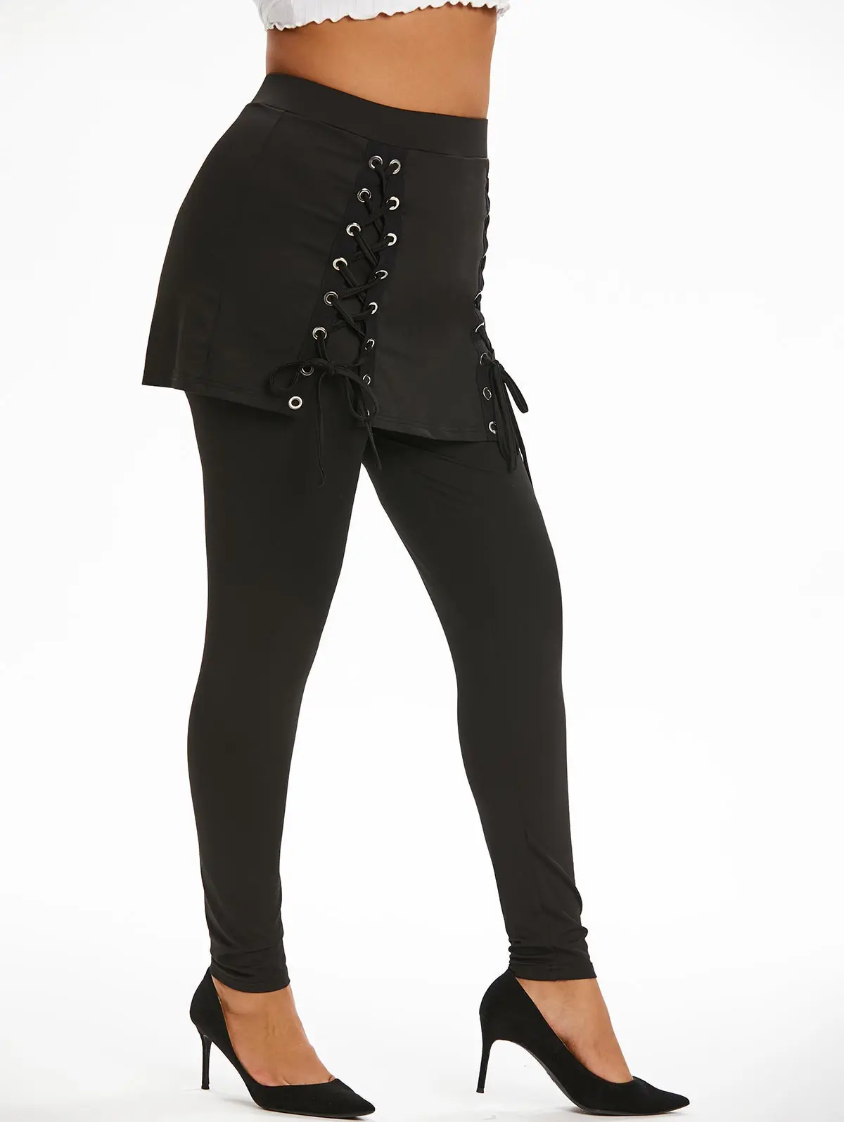 ROSEGAL Plus Size Women Fall Winter Skinny Pants Black Trouser Mujer High Waist Lace Up 2 In 1 Skirted Leggings Fake Two-Pieces