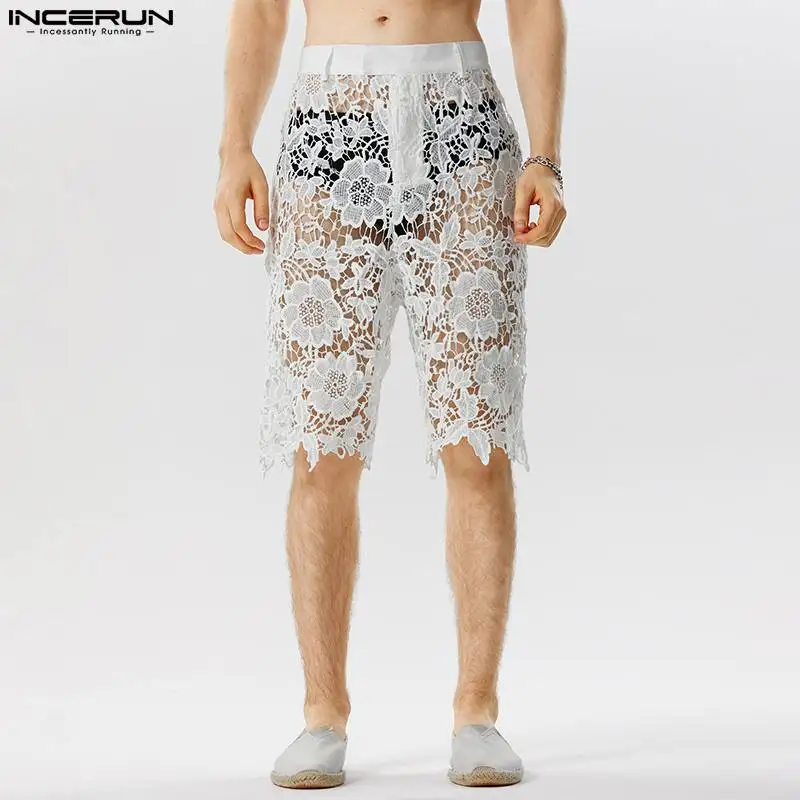 Stylish Well Fitting Men's Shorts INCERUN Lace Printed Hollow Design Shorts Casual Party Show Sexy See-through Mesh Shorts S-5XL