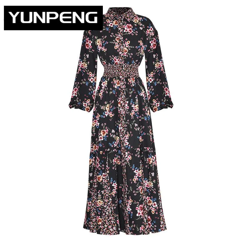 

Dresses For Women 2023 Elegant High Quality Luxury Desig Spring Turn-down Collar Elastic Waist Flower print Vintage Party Dress