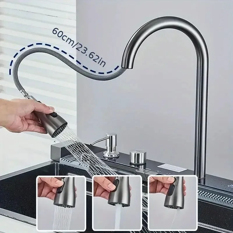 Kitchen Sink With Faucet Digital Display Single Bowl 5 Function Dishwasher Sink Shower Kitchen With Drop Down Faucet